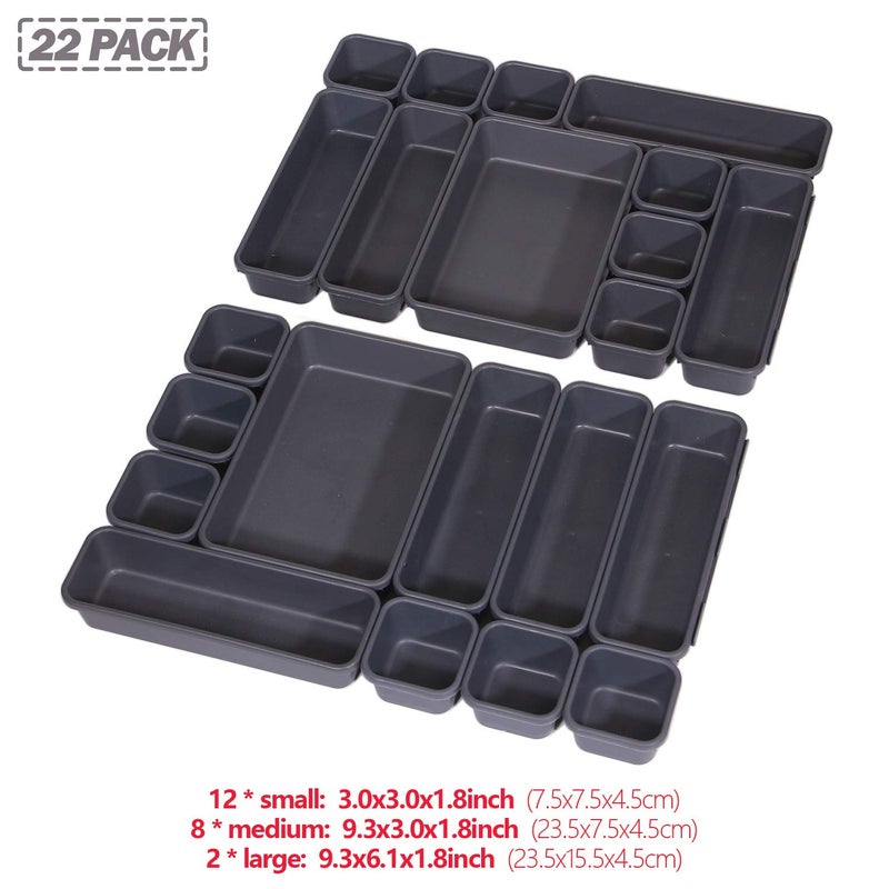 TENABORT Set of 22 Interlocking Desk Drawer Organizer Tray Dividers Plastic Shallow Narrow Drawers Organizers Separators and Storage Bins Container for Kitchen Bathroom Makeup Office Vanity Bedroom Dresser - Image 2